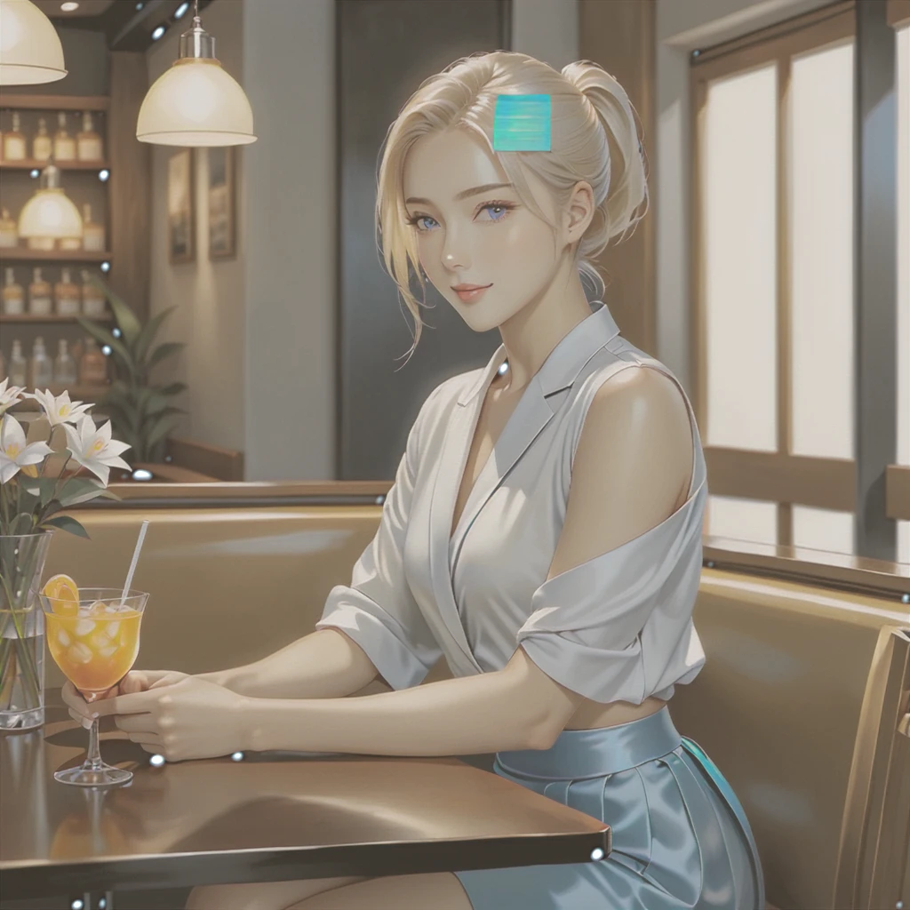 Two people are sitting at a table in a cozy cafe. Young woman (Darling, beautiful tender golden-haired blonde girl sitting at a table, she is wearing a silk wrap skirt, you can see her slender beautiful legs, she is wearing wedge sandals, cropped light top, her hair is pulled back into a low ponytail, she is holding a straw in her hands, through which he drinks a cocktail,) young platinum blond man (opposite at the same table sits a tall, handsome, stately, courageous young platinum blond man,) he is wearing a light office suit, he has long straight platinum hair, tanned skin, he has blue eyes, he looks at her lovingly. extremely detailed illustration, A true masterpiece highest quality, with careful drawing. full length image. realistic image, full length image. careful drawing of the anatomical accuracy of the body, gentle face type, excessive detail of the female body. masterpiece, perfect drawing, realistic drawing, Full-length drawing, 8k. full length image, realistic image, detailed image. extremely detailed illustration, A true masterpiece, highest quality, with careful drawing. shading with shadows. careful depiction of the anatomical accuracy of the female body, nice face type, excessive detail of the female body. Anime style.