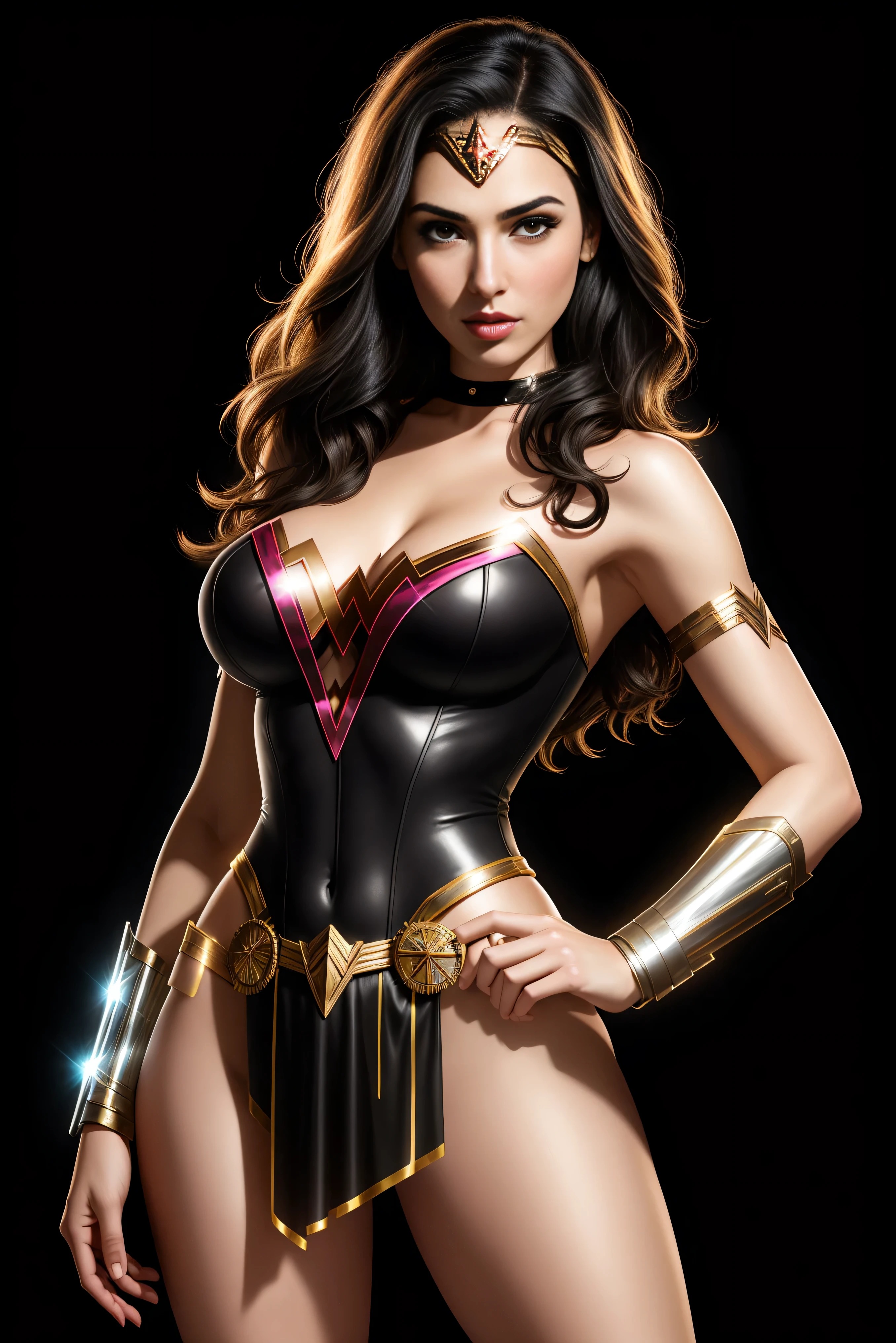 there  IS GAL GADOT AS WONDER WOMAN standing, long hair, 3 d neon art of a womans body, neon-noir background, cyberpunk femme fatale, seductive cyberpunk dark fantasy, cyberpunk strip clubs, cyberpunk 20 y. o model girl, oppai cyberpunk, banner, high definition cgsociety, cgsociety masterpiece, trending on cgstation, kda, random hair, looking at camera, gigantic breasts, cleavage, (high detailed skin:1.2), 8k uhd, dslr, super lighting, high quality, film grain, high res, highly detailed, hyper realistic, beautiful face, beautiful body, beautiful eyes nose lips, alluring expression, very bold, upper  visible, full body photo, standing legs apart, pale translucent glowing skin, most beautiful face, cute, (well defined pubic hair:1.2)), (dark plain black background:1.4))