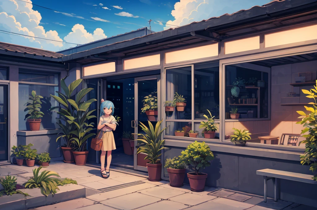 Detailed background, landscape, window, air conditioner, building, Outdoors, Potted plants, concrete, (Illustration:1.0), masutepiece, Best Quality, Potted plants, Cloudy sky, evening, early evening　zori, Girl watching viewer, blue shadow