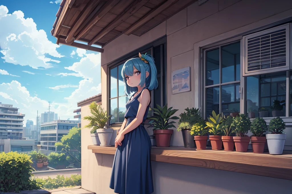 Detailed background, landscape, window, air conditioner, building, Outdoors, Potted plants, concrete, (Illustration:1.0), masutepiece, Best Quality, Potted plants, Cloudy sky, evening, early evening zori, Girl watching viewer, blue shadow