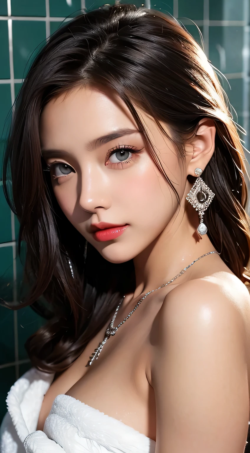 Beautiful city college girl, masterpiece, light makeup, red lips, silver hair, long messy hair, cityscape background, beautiful and elegant. Very fine details, masterpiece, authentic texture, realism of movie lighting, perfect work, 16k, HD, exquisite features, blue eyes, Japanese idol, beautiful face, cute smile, brown hair, ponytail, beautiful hair, glamorous , big breasts, big breasts, big breasts, cleavage, erect nipples, greasy muscles, glowing skin, tanned, glowing dark skin, wearing a sexy camisole, when viewed from the front, big, crisp eyes, smooth skin, earrings, necklace, tattoo