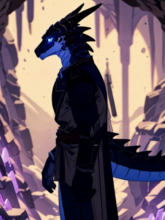 ((Character, best quality: 1.5, masterpiece, 8k detailed, monochrome: 1.5, anime)), solo: 2, 1boy, lizard boy, scaled humanoid, Bipedal dragon walking in a cave of crystals, flat colors, side view: 2, dark shadows, light on the back, glowing eyes, dragon head, tail, wingless,