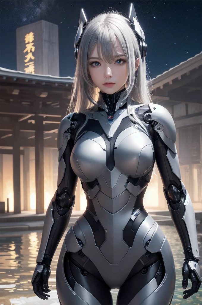 cowboy shot, caustics,reflection,ray tracing,demontheme,nebula,dark aura,cyber effect, (1girl:1.4),solo,alone,mecha musume,mechanical parts, robot joints,single mechanical arm, headgear, mechanical halo,star halo,intricate mechanical bodysuit, mecha corset, kimono, full armor, very long hair,white hair, hair between eyes, multicolored hair, colored inner hair, red eyes,glowing eye,eye trail, random expressions,random action, ancient japanese architecture,pond, starry sky,skyline,