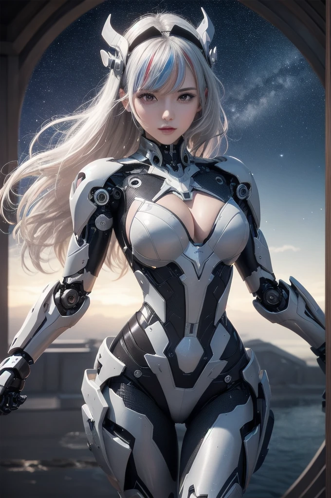 cowboy shot, caustics,reflection,ray tracing,demontheme,nebula,dark aura,cyber effect, (1girl:1.4),solo,alone,mecha musume,mechanical parts, robot joints,single mechanical arm, headgear, mechanical halo,star halo,intricate mechanical bodysuit, mecha corset, kimono, full armor, very long hair,white hair, hair between eyes, multicolored hair, colored inner hair, red eyes,glowing eye,eye trail, random expressions,random action, ancient japanese architecture,pond, starry sky,skyline,
