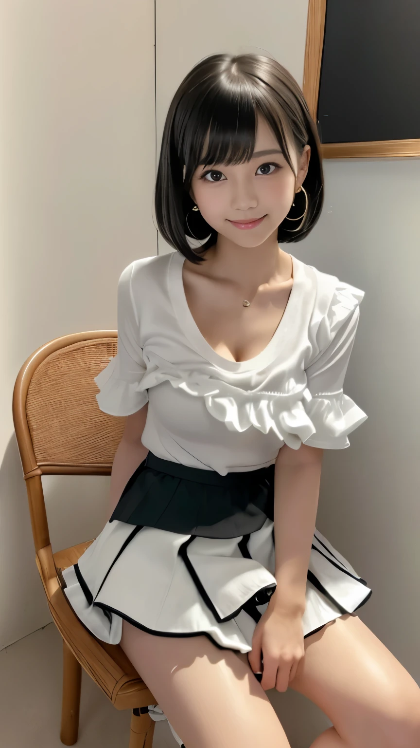 (Masterpiece, Best-quality, RAW-photo, Ultra-High-Resolution, Photorealistic, Very realistic human skin, Perfect and detailed human fingers, Sense of reality, Anatomically correct, ), 
(Thin waist and busty style body, Cleavage, **-*****-***, Realistic Japanese girl, short height), 
((micro ruffle mini skirt, white t-shirt, sneakers:1.3)), 
((full length, See photographer, look at viewer, Sitting on a chair, knees apart, legs apart, open knees outward with both hands:1.3)), 
(maiko, Round face, Black hair, Black eyes, Moist eyes, Shining eyes, Short bob cut, Bangs, Down-slating eyebrows, one little earring), 
(goddess smile), 
(Western-style living room, just the two of us)
bright lighting