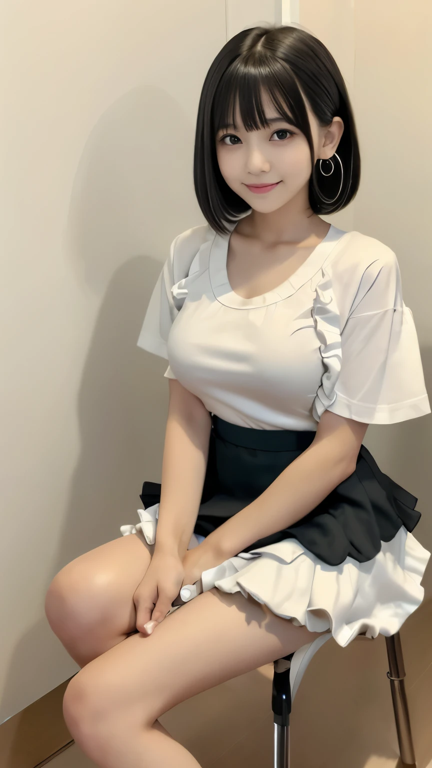 (Masterpiece, Best-quality, RAW-photo, Ultra-High-Resolution, Photorealistic, Very realistic human skin, Perfect and detailed human fingers, Sense of reality, Anatomically correct, ), 
(Thin waist and busty style body, Cleavage, 17-years-old, Realistic Japanese girl, short height), 
((micro ruffle mini skirt, white t-shirt, sneakers:1.3)), 
((full length, See photographer, look at viewer, Sitting on a chair, knees apart, legs apart, open knees outward with both hands:1.3)), 
(maiko, Round face, Black hair, Black eyes, Moist eyes, Shining eyes, Short bob cut, Bangs, Down-slating eyebrows, one little earring), 
(goddess smile), 
(Western-style living room, just the two of us)
bright lighting