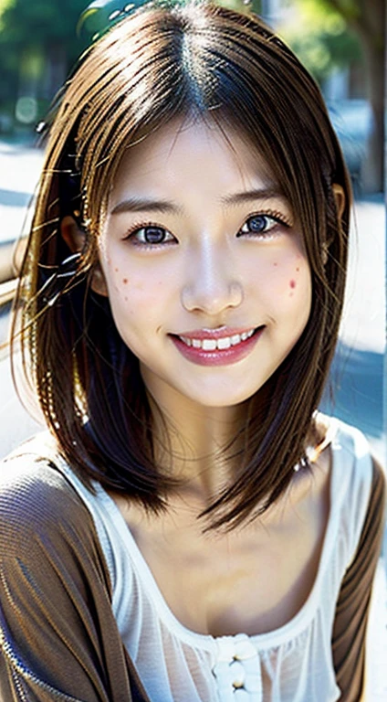 (very realistic pictures, High resolution, detailed face, fine eyes) thin japanese woman, 28 years old, 1 girl, (1 Ultimate beauty), highly detailed face, (perfect teeth), detailed eye, double eyelid, eyelash, grin and laugh, lip details, brunette bob, toned body shape, very small breasts, very thin waist, casual clothes, on the road, full body photo,cute freckles