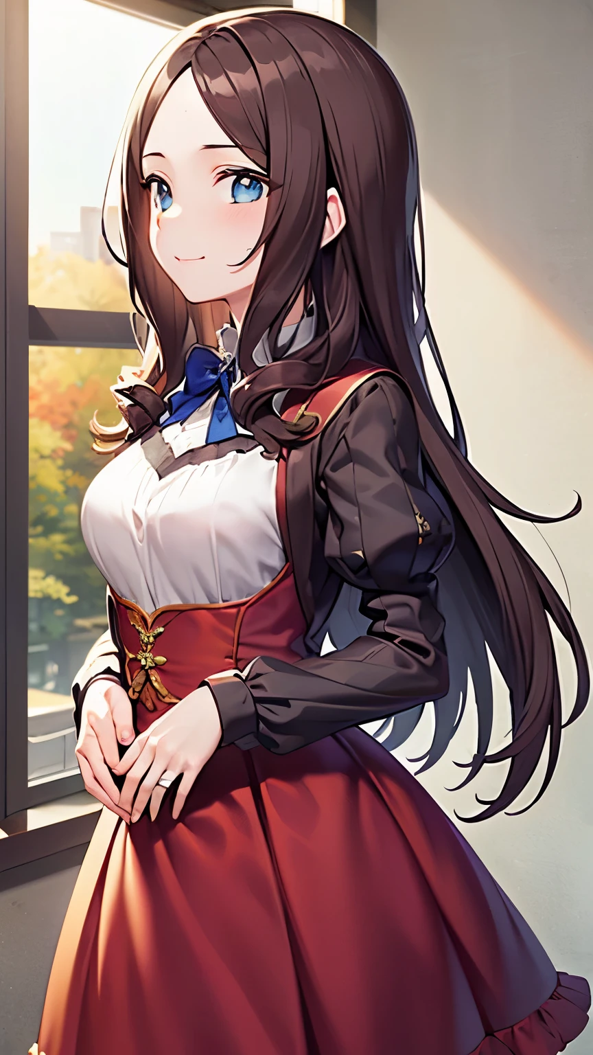 ((masterpiece, I understand the quality, High resolution, 超High resolution, pixel perfect, Depth of the bounds written, 4k, RTX, high dynamic range)), 1 girl, single, alone, 24-years-old, beautiful anime girl, beautiful art style, leonardo da vinci \(destiny\), ((long hair, bangs, brown hair, curl)), (blue eyes:1.4, round eyes, beautiful eyelashes, realistic eyes), (detailed face, blush:1.2), (smooth texture:0.55, lively質感:0.65, lively:1.2, cinematic, Anime CG style), medium breasts, perfect body, Plump, (dynamic angle, view, close), (indoor、medieval buildings), ((summer, autumn, Natural light, sunrise)), sly smile