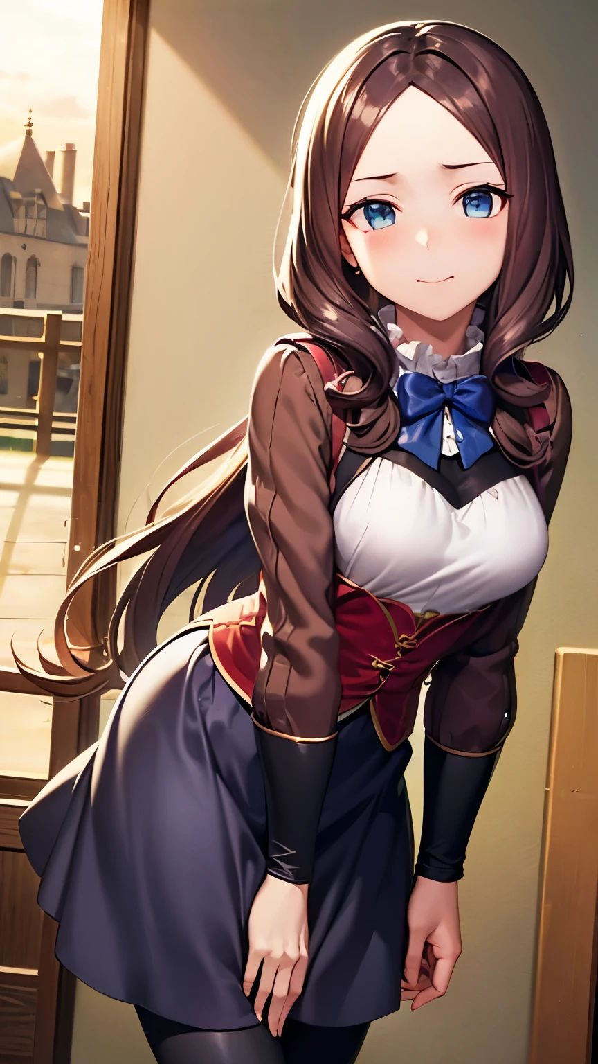 ((masterpiece, I understand the quality, High resolution, 超High resolution, pixel perfect, Depth of the bounds written, 4k, RTX, high dynamic range)), 1 girl, single, alone, 24-years-old, beautiful anime girl, beautiful art style, leonardo da vinci \(destiny\), ((long hair, bangs, brown hair, curl)), (blue eyes:1.4, round eyes, beautiful eyelashes, realistic eyes), (detailed face, blush:1.2), (smooth texture:0.55, lively質感:0.65, lively:1.2, cinematic, Anime CG style), medium breasts, perfect body, Plump, (dynamic angle, view, close), (indoor、medieval buildings), ((summer, autumn, Natural light, sunrise)), sly smile