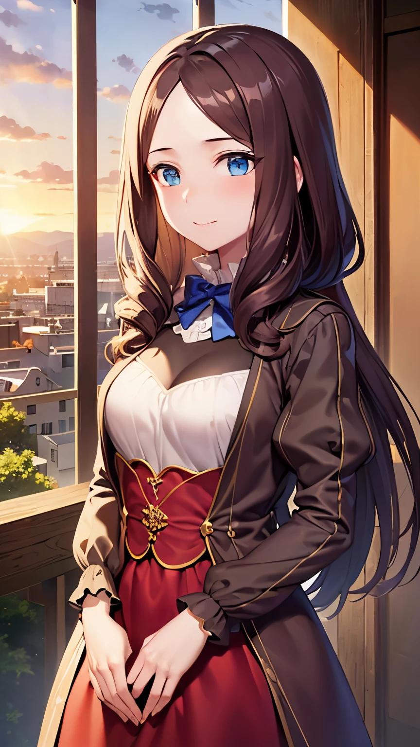 ((masterpiece, I understand the quality, High resolution, 超High resolution, pixel perfect, Depth of the bounds written, 4k, RTX, high dynamic range)), 1 girl, single, alone, 24-years-old, beautiful anime girl, beautiful art style, leonardo da vinci \(destiny\), ((long hair, bangs, brown hair, curl)), (blue eyes:1.4, round eyes, beautiful eyelashes, realistic eyes), (detailed face, blush:1.2), (smooth texture:0.55, lively質感:0.65, lively:1.2, cinematic, Anime CG style), medium breasts, perfect body, Plump, (dynamic angle, view, close), (indoor、medieval buildings), ((summer, autumn, Natural light, sunrise)), sly smile