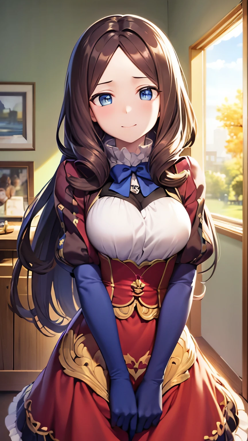 ((masterpiece, I understand the quality, High resolution, 超High resolution, pixel perfect, Depth of the bounds written, 4k, RTX, high dynamic range)), 1 girl, single, alone, 24-years-old, beautiful anime girl, beautiful art style, leonardo da vinci \(destiny\), ((long hair, bangs, brown hair, curl)), (blue eyes:1.4, round eyes, beautiful eyelashes, realistic eyes), (detailed face, blush:1.2), (smooth texture:0.55, lively質感:0.65, lively:1.2, cinematic, Anime CG style), medium breasts, perfect body, Plump, (dynamic angle, view, close), (indoor、medieval buildings), ((summer, autumn, Natural light, sunrise)), sly smile