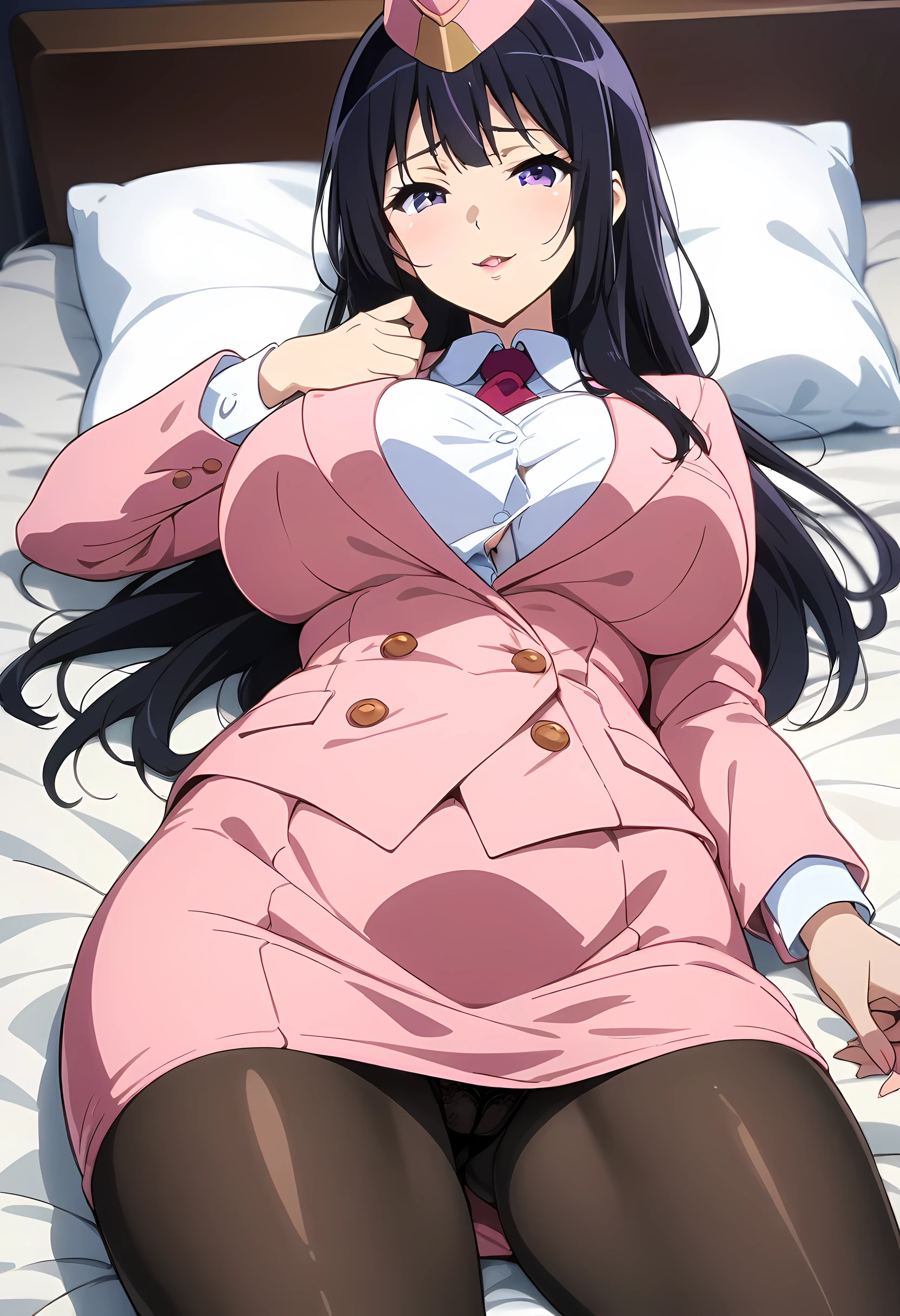 (masterpiece), best quality, expressive eyes, perfect face,kousaka reina,hibike! euphonium, 1gir,lipstick,(mature female:2),(milf:2),cameltoe, solo,spead legs,garrison cap,button gap,panties under pantyhose,(lying on the bed:1.5),lying, (pink skirt suit:1.2), necktie, (pink pencil skirt:1.2),huge breasts, open_mouth, looking_at_viewer, smile, jacket, pink blazer, long_sleeves, shirt, white_shirt, cowboy_shot, high_heels,black pantyhose,depth of field,on the bed,bed room,hotel,room,at night,anime,naughty face