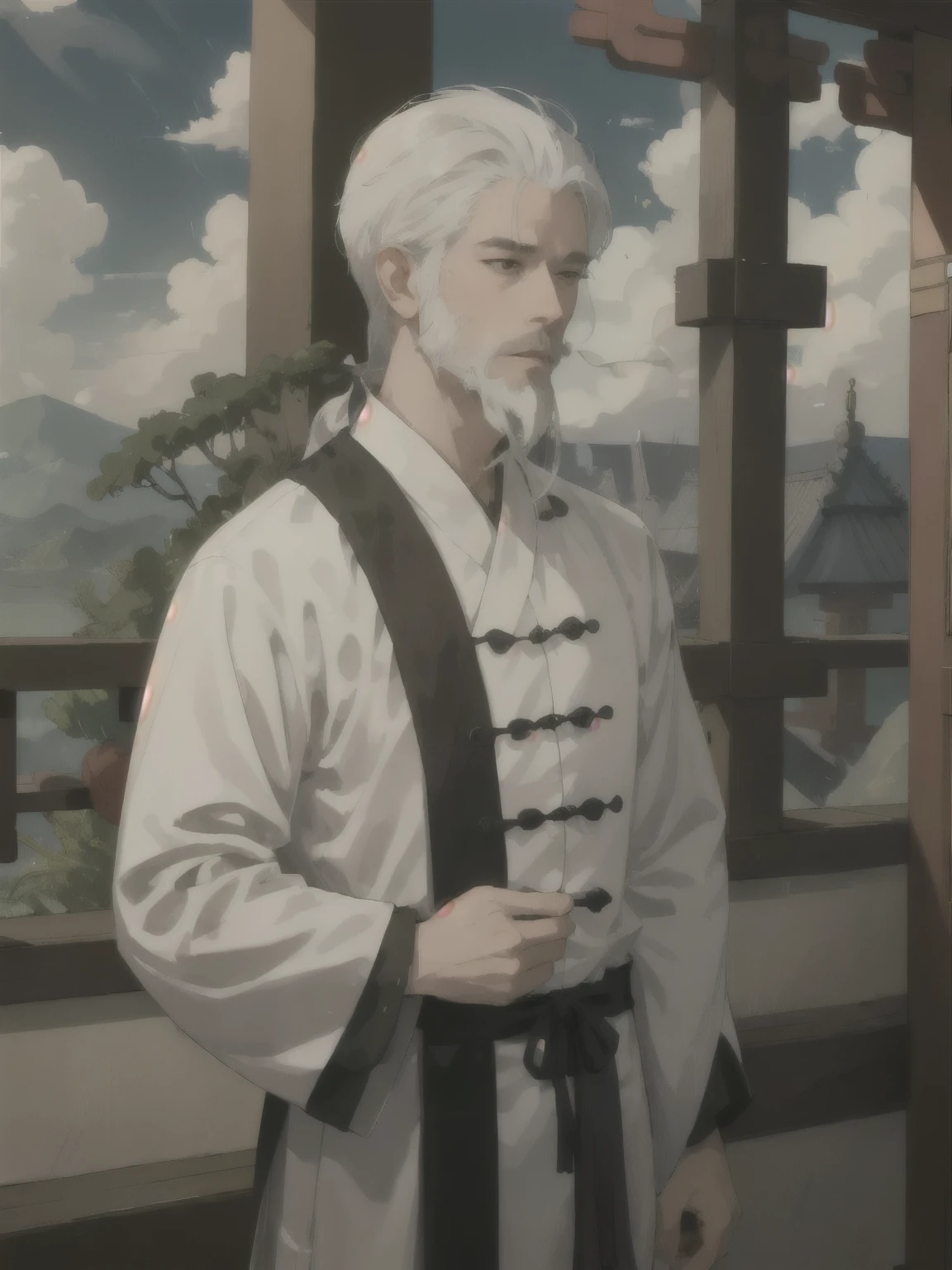 masterpiece,  best quality,   Extremely detailed CG,Zen atmosphere,  Anime screenshots, grow beard, 1 boy,  Taoist clothing,  long sleeve, portrait,Toji,   alone, Chinese grow beard,  . ribbon, cloud, smokes, Sky,