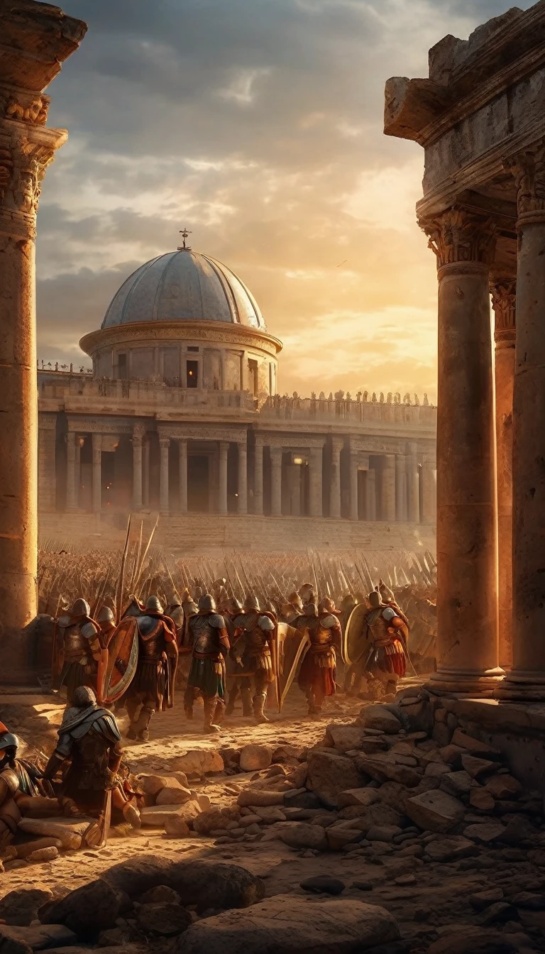 A hauntingly realistic and detailed scene of huns armies clashing with ancient Roman soldiers. Ruins of magnificent infrastructure lie in the background as the savage armies seize and clash over precious lands, (best quality, ultra-detailed, realistic: 1.37), golden hues, evening sunlight, dramatic shadows, courageous poses, historical accuracy, war art, intense lighting, epic realistic, Soft cinematic portrait, adobe lightroom, photographic lab, altamente detalhado, desbotado, (cores neutras: 1,2), (hdr: 1,4) , (cores suaves:1.2), hiperdetalhado, (artstation:1.4), cinemactic, luzes quentes, dramatic light, (detalhes intrincados:1.1), fundo complexo, (rutkowski:0.66), (azul e laranja:0.4), 8K