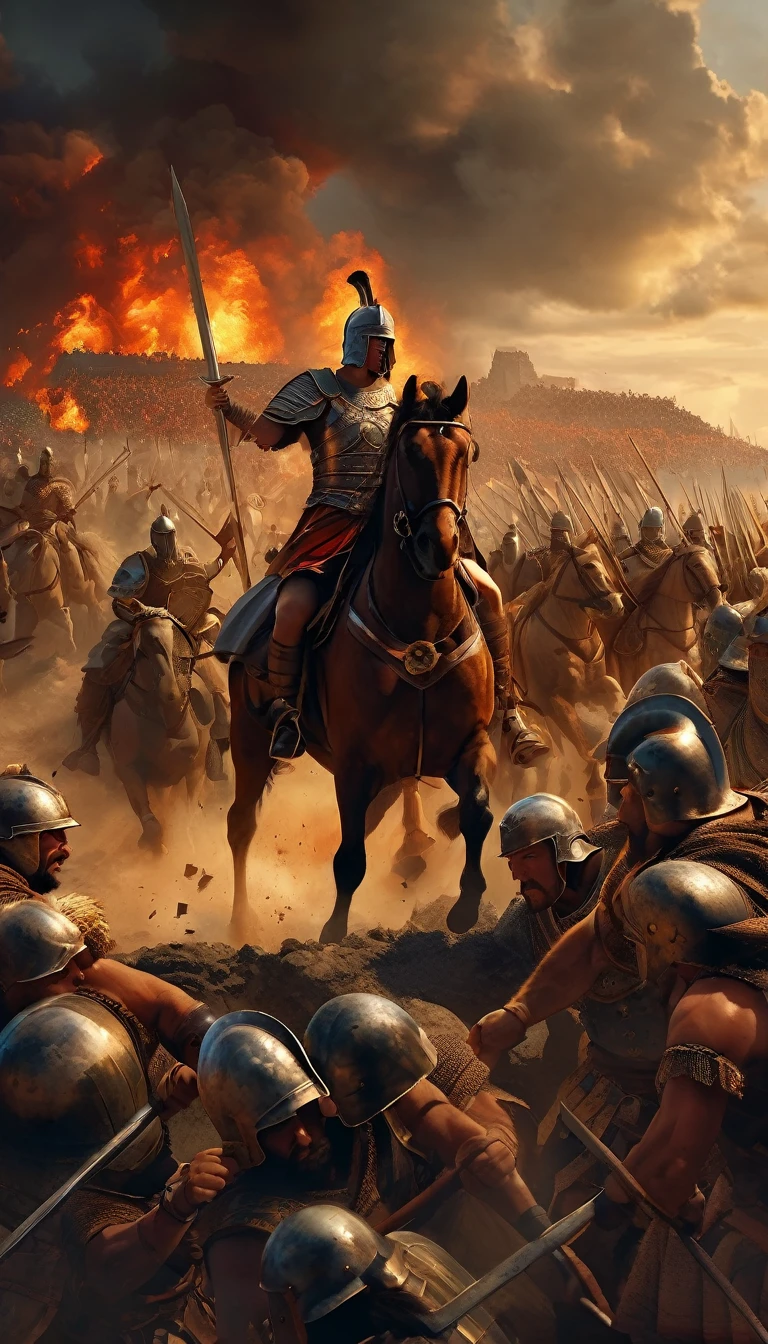 A hauntingly realistic and detailed scene of huns armies clashing with ancient Roman soldiers. Ruins of magnificent infrastructure lie in the background as the savage armies seize and clash over precious lands, (best quality, ultra-detailed, realistic: 1.37), golden hues, evening sunlight, dramatic shadows, courageous poses, historical accuracy, war art, intense lighting, epic realistic, Soft cinematic portrait, adobe lightroom, photographic lab, altamente detalhado, desbotado, (cores neutras: 1,2), (hdr: 1,4) , (cores suaves:1.2), hiperdetalhado, (artstation:1.4), cinemactic, luzes quentes, dramatic light, (detalhes intrincados:1.1), fundo complexo, (rutkowski:0.66), (azul e laranja:0.4), 8K