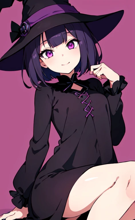 Witch's outfit, Anime-style portrait of a girl with a deep violet bob cut making eye contact with the camera, bright eyes, baby-faced, subtle smile, minimalistic background to emphasize character, high contrast, clean lines, digital painting, vivid colors