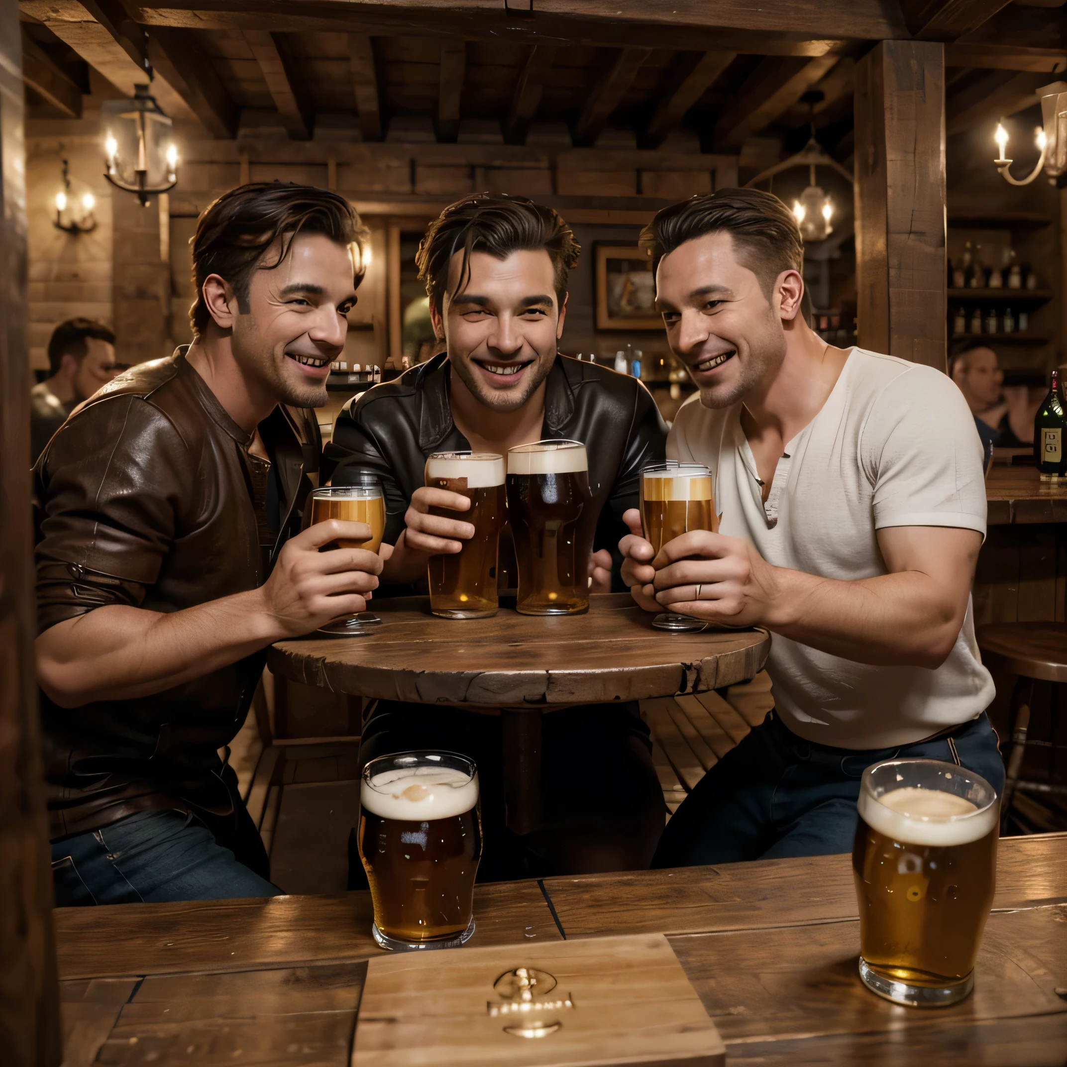 (masterpiece), (Highest image quality), 8K resolution, Super detailed, Super detailed, realism, realism,Tipha Lockhart、4 men friends drinking beer, happy face expression,upper full body,