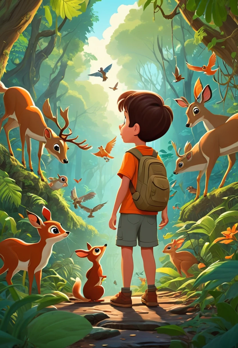 A boy is  experiencing awe and wonder as he encounters different creatures in the jungle, such as deer, birds, and squirrels. Cartoon style 