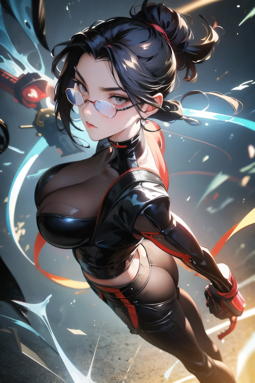 Wide angle shot, rear view, beautiful female street fighter, wearing large glasses, black undercut hair, wearing large steel knuckles