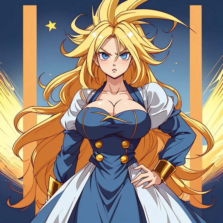 very cute girl、Super Saiyan、super saiyan、big breasts、perfect style、Long, golden hair standing up、blue eyes