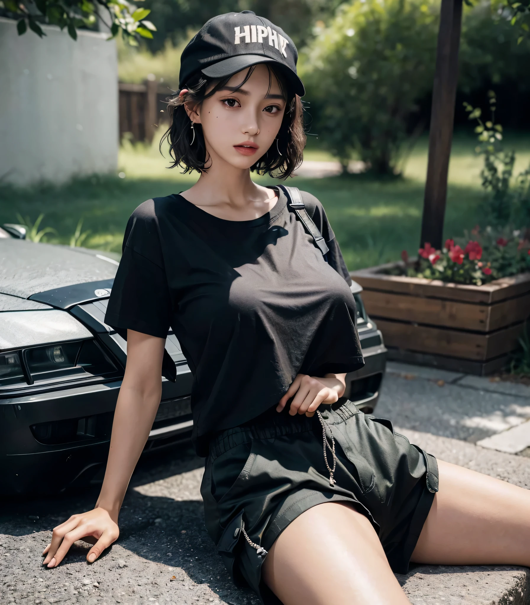 absurdres, RAW photo, extremely delicate and beautiful, masterpiece, Best Quality, ultra high resolution, 32k, hyperrealistic, ultra-detailed, perfect anatomy, perfect figure, super Detailed skin, Very detailed CG 8k wallpaper, very Slim body, narrow waist, very small head, very small face, delicate facial features, tearful mole, earring, thin legs, (very huge round breasts:1.3), (full body shot:1.1), (solo:1.2), short hair, (wavy hair:1.2), wet clothes, baseball cap, (black T-shirt:1.2), (baggy cargo shorts:1.2),