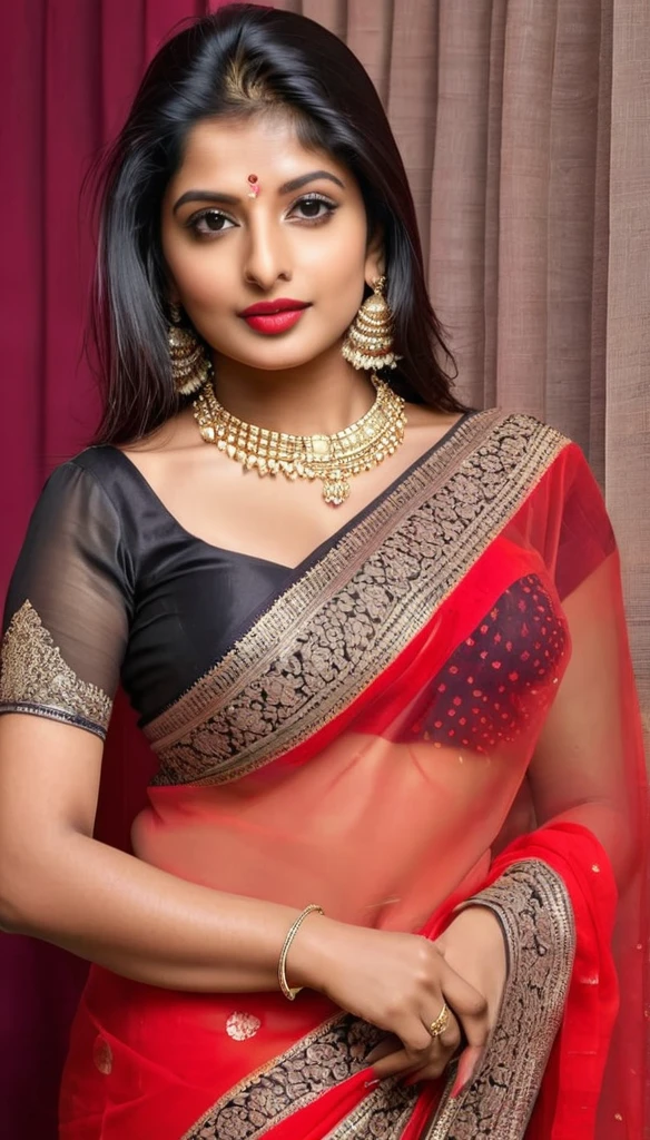 Hot looking Indian girls with sexy lips, full body, transparency red saree, sexy pose