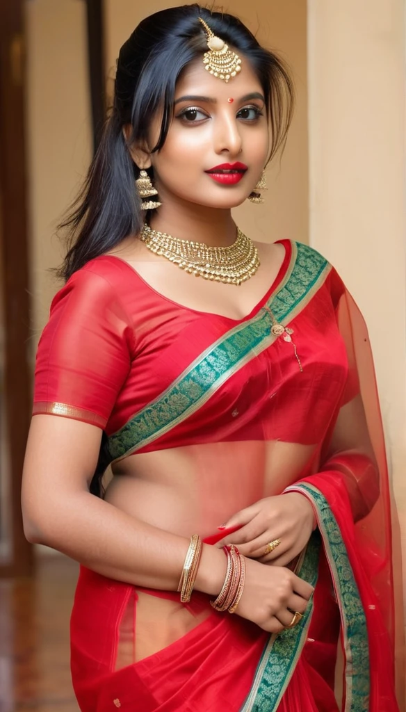 Hot looking Indian girls with sexy lips, full body, transparency red saree, sexy pose