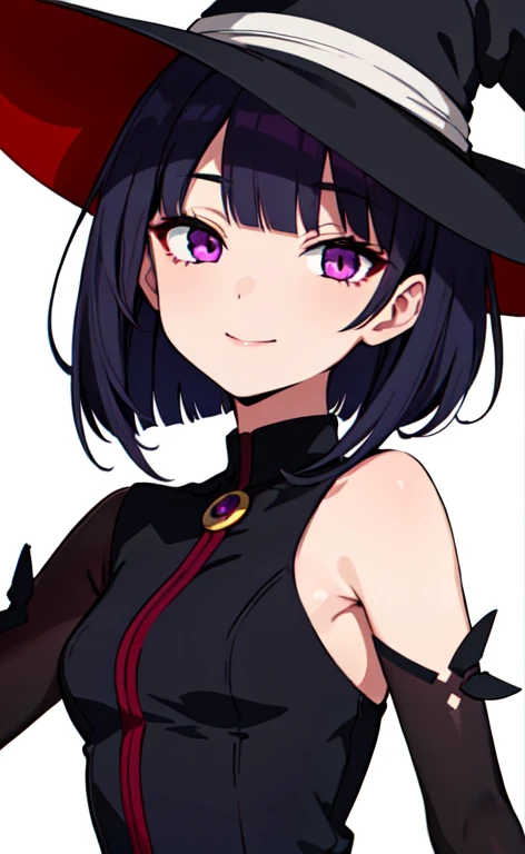 Witch's outfit, Anime-style portrait of a girl with a deep violet bob cut making eye contact with the camera, bright eyes, baby-faced, subtle smile, minimalistic background to emphasize character, high contrast, clean lines, digital painting, vivid colors