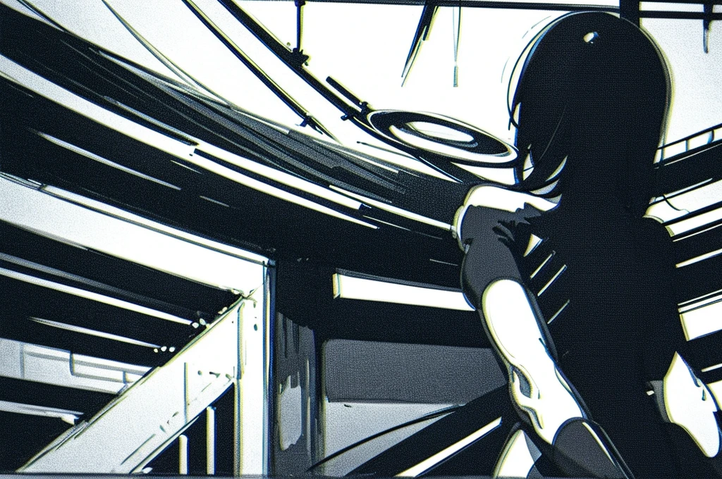 there is a drawing of a woman holding a pair of scissors, sketch of a lucid dream, intoxicatingly blurry, animatic, stylistic blur, [ conceptual art ]!!, blurry and dreamy illustration, motionblur, blurry and glitchy, rough sketch, some background blur, the anime girl is running, black and white manga panel, deblur