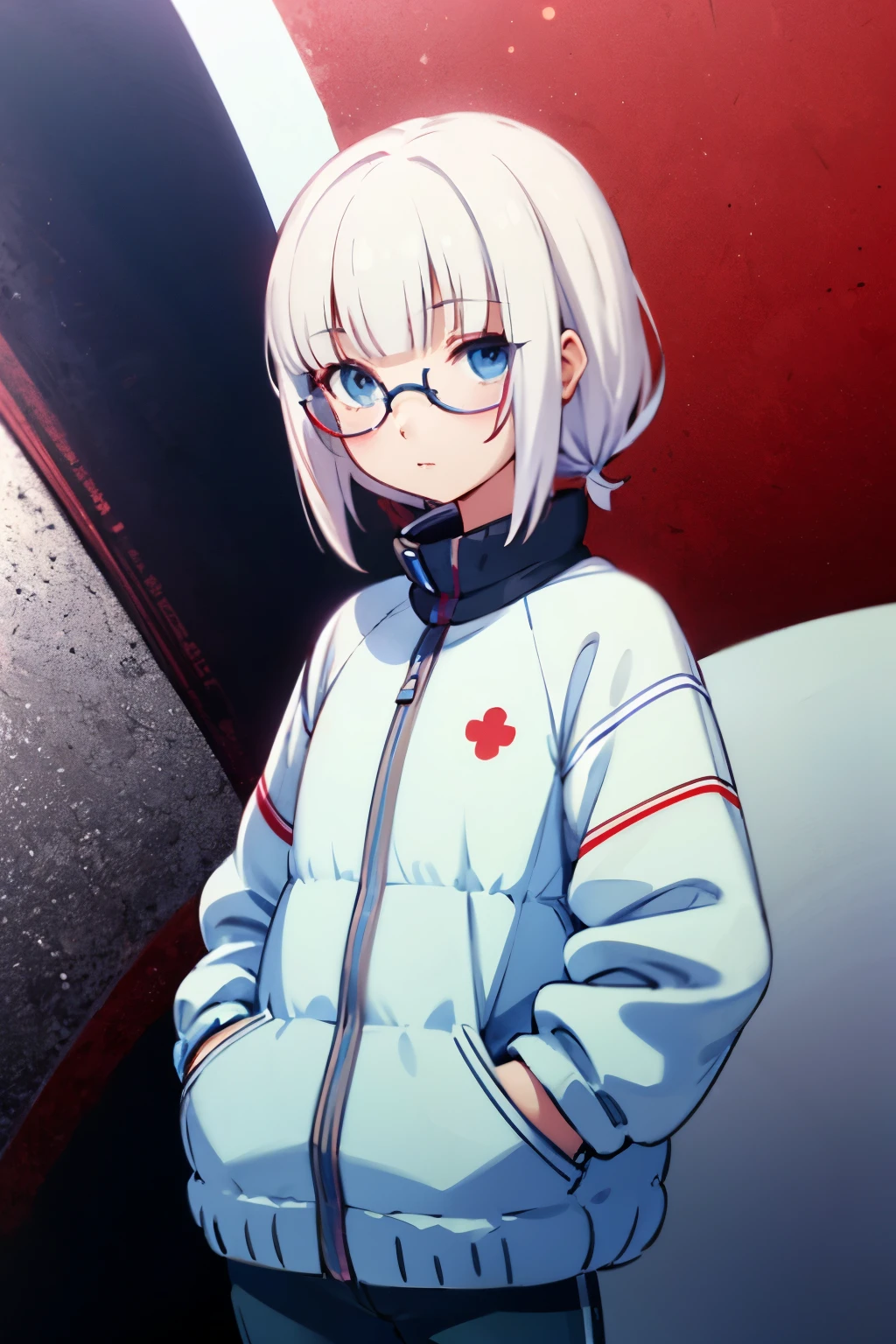 A white-haired girl wearing round glasses with one eye hidden by her bangs、cool type、Odd eye, right eye is blue、Red left eye、High quality with both hands in pockets
