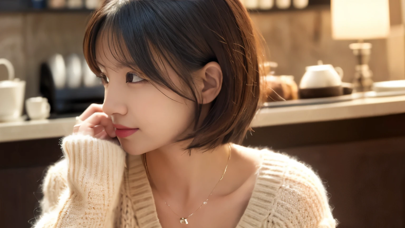 (highest quality、8K、32k、masterpiece、nffsw:1.2)、cute日本人女性の写真、very short bobbed hair、Upper body、surface focus、extra large_sweater、necklace、Background of the café、Viewer looking x4、(8K、RAW photo、highest quality、masterpiece:1.2)、(realistic、Photoreal:1.37)、1 girl、cute、professional lighting、photon mapping、Physically based rendering、gradient brunette hair、short curly hair、Handsome、excellent image quality、High resolution、1080p、(clean face)、(Detailed facial description)、(Detailed hand explanation)、(Masseter muscle part)、(Detailed CG)、 extreme light and shadow、hair is dirty、masterpiece、rich details、(exquisite features)、(best image quality)、(masterpiece)、(detailed eye)、delicate clavicle、Various poses、don't look at the camera、profile、Photographed inside the cafe、Spring clothes、simple necklace、knit