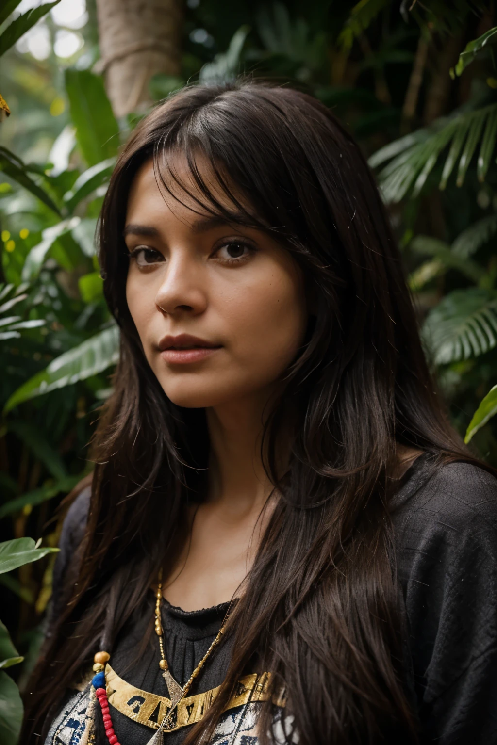 long hair black, hyper realistic 8k, pyramide inca, belle brunette 30 ans, jungle,