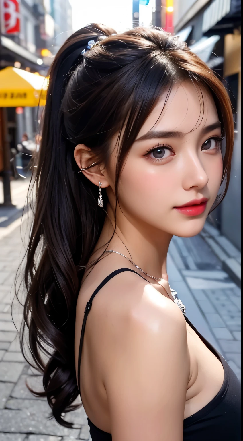 Urban beautiful girl college student, masterpiece, light makeup, red lips, silver hair, messy long hair, street background, beautiful, elegant. super fine details, master works, authentic texture, cinematic lighting realism, perfect job, 16k, hd, exquisite features,blue eyes、japanese idol、beautiful顔、cute smile、brown hair、beautiful hair、ponytail、glamorous、 big breasts、nipple、oily skin、shiny skin、tanned skin、Shining black skin、sexy camisole,T-back, bright big eyes, smooth skin, earrings, necklace,facing forward