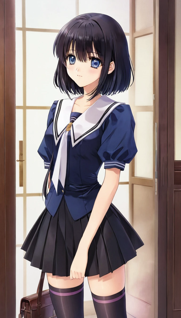 4K,（highest quality）, excellent detail,masterpiece,anime, super high resolution,Closer look at the eyes, best illustrations, Highly condensed 1girl, （very delicate and cute face）,Chest is small,black hair，（Suzuna Kuraki）,（（medium long hair））,（The hair length is a little short）,（straight hair）,（cute uniform）、（short puff sleeves）,（black stockings）,,,,,My age is ************,(Academy)，,（standing in the entrance hall）,