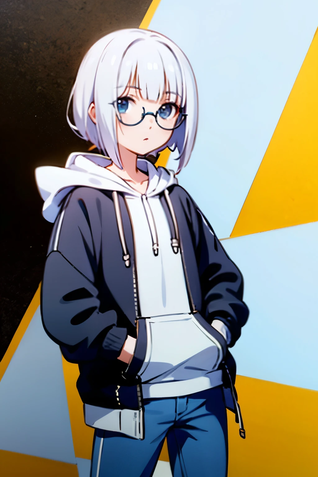 A white-haired girl wearing round glasses and a hoodie, one eye hidden by her bangs、cool type、High quality with both hands in pockets
