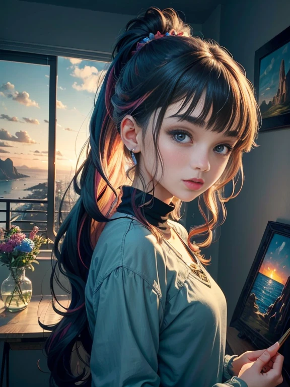 Studio apartment, huge room, Cozy artist's studio, Cute Beautiful Girl、A cute character who wears a mini skirt. Cute Ponytail, highest quality、High resolution、detailed background、(detailed face:1.4)、beautiful and smooth skin, (portrait shot:1.3), easel, color palette, acrylic paints, paintings, large windows, loggia, art, awards, table, sofa, armchairs, mirror, crystals, meditation, harmony, many books on the walls, paintings on the walls, view from the window, sea, mountains, amazing sunset, flower arrangements, paints, brushes, artist's theme, elegant, dynamic bright lighting, happiness, full color, multicolored, artificial, higher detail, super quality,  small details, highlights, neon lights, masterpiece, best colors