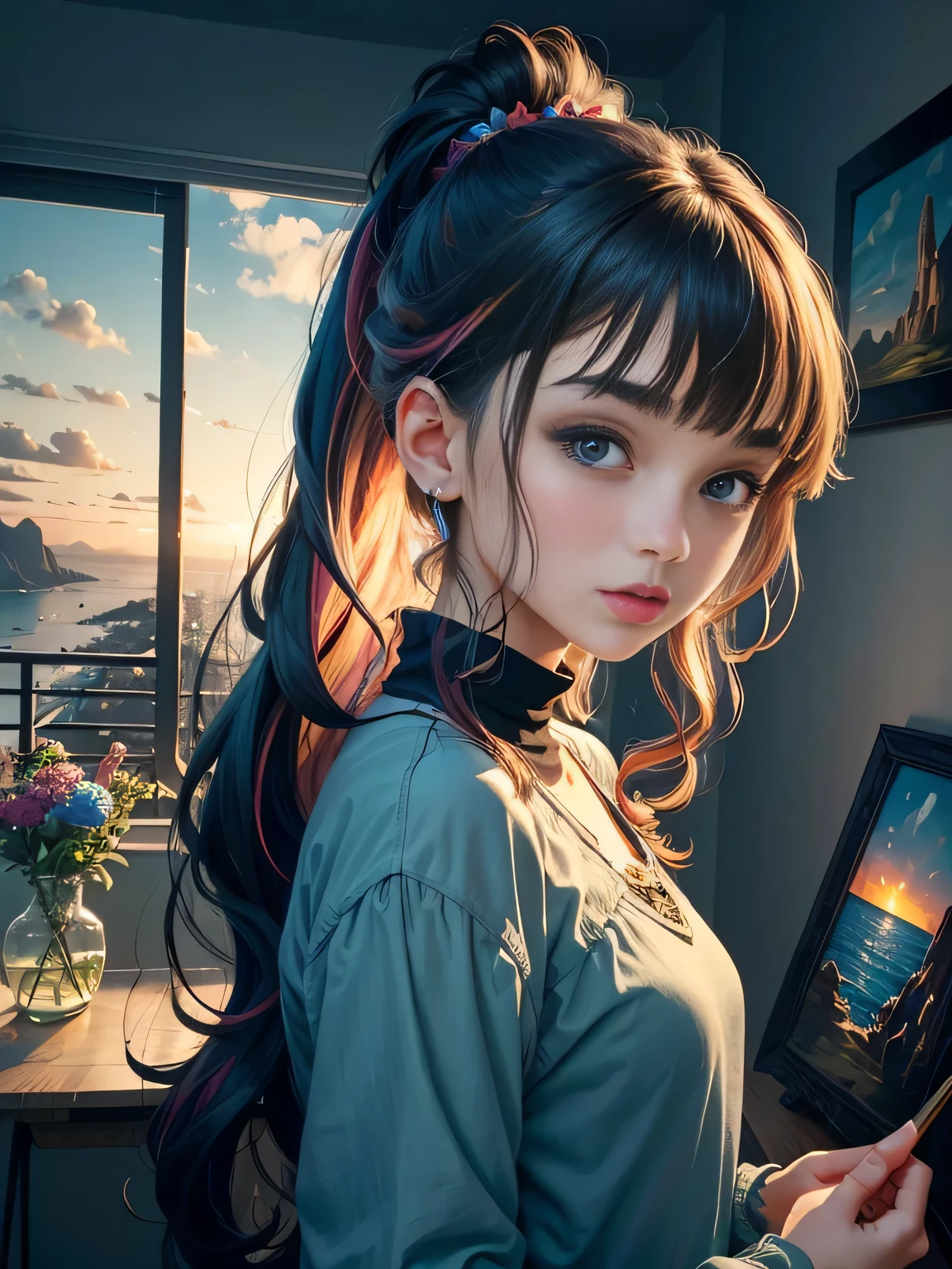 Studio apartment, huge room, Cozy artist's studio, Cute Beautiful Girl、A cute character who wears a mini skirt. Cute Ponytail, highest quality、High resolution、detailed background、(detailed face:1.4)、beautiful and smooth skin, (portrait shot:1.3), easel, color palette, acrylic paints, paintings, large windows, loggia, art, awards, table, sofa, armchairs, mirror, crystals, meditation, harmony, many books on the walls, paintings on the walls, view from the window, sea, mountains, amazing sunset, flower arrangements, paints, brushes, artist's theme, elegant, dynamic bright lighting, happiness, full color, multicolored, artificial, higher detail, super quality,  small details, highlights, neon lights, masterpiece, best colors