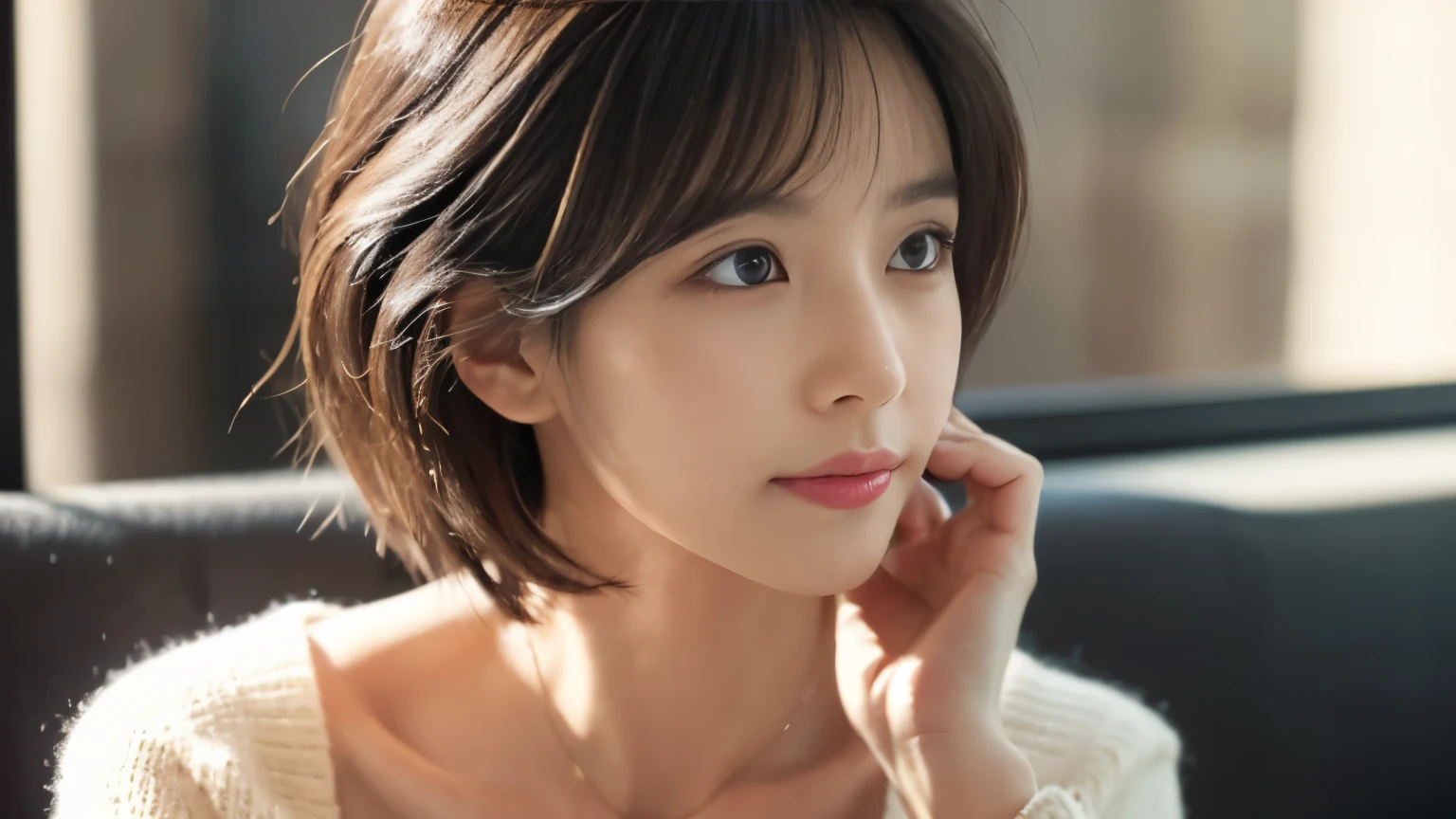 (highest quality、8K、32k、masterpiece、nffsw:1.2)、cute日本人女性の写真、very short bobbed hair、Upper body、surface focus、extra large_sweater、necklace、Background of the café、Viewer looking x4、(8K、RAW photo、highest quality、masterpiece:1.2)、(realistic、Photoreal:1.37)、1 girl、cute、professional lighting、photon mapping、Physically based rendering、gradient brunette hair、short curly hair、Handsome、excellent image quality、High resolution、1080p、(clean face)、(Detailed facial description)、(Detailed hand explanation)、(Masseter muscle part)、(Detailed CG)、 extreme light and shadow、hair is dirty、masterpiece、rich details、(exquisite features)、(best image quality)、(masterpiece)、(detailed eye)、delicate clavicle、Various poses、don&#39;t look at the camera、profile、Photographed inside the cafe、Spring clothes、simple necklace、knit