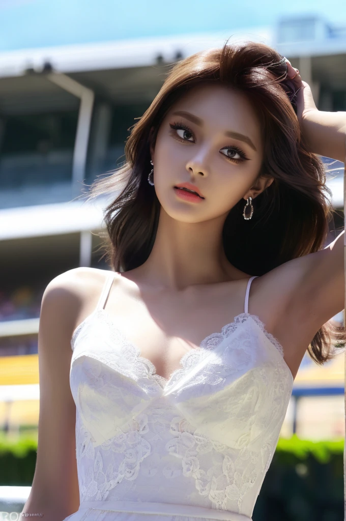 Tzuyu 1, woman, (realistic), (hyper realism), (photorealistic), Depth of the bounds written, eye make up:0.7 (whole body:1.2), (tight waist), looking at the viewer,at the racing track, lace queen, Sexy dress with open shoulders and chest