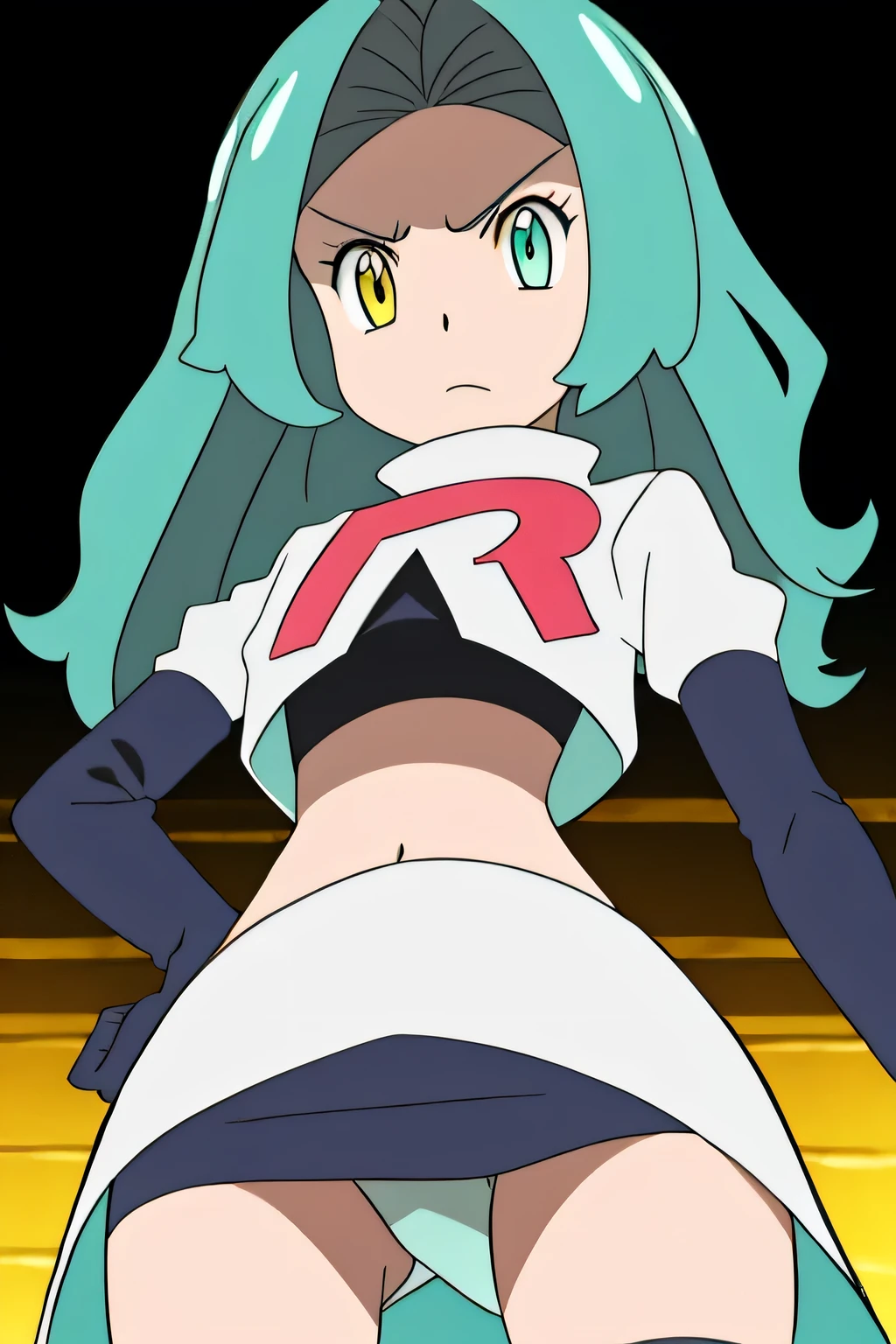 8k, masterpiece,highres, team rocket uniform, red letter r, white skirt,white crop top,black thigh-high boots, black elbow gloves, glaring angrily, looking down at viewer, hands on hips, cowboy shot,zettai ryouiki,from below, black panties,anime style, vivid colors, sharp focus, intense lighting,lapis rosenberg,grey hair, long hair, heterochromia, (yellow and aqua eyes),short, young,
