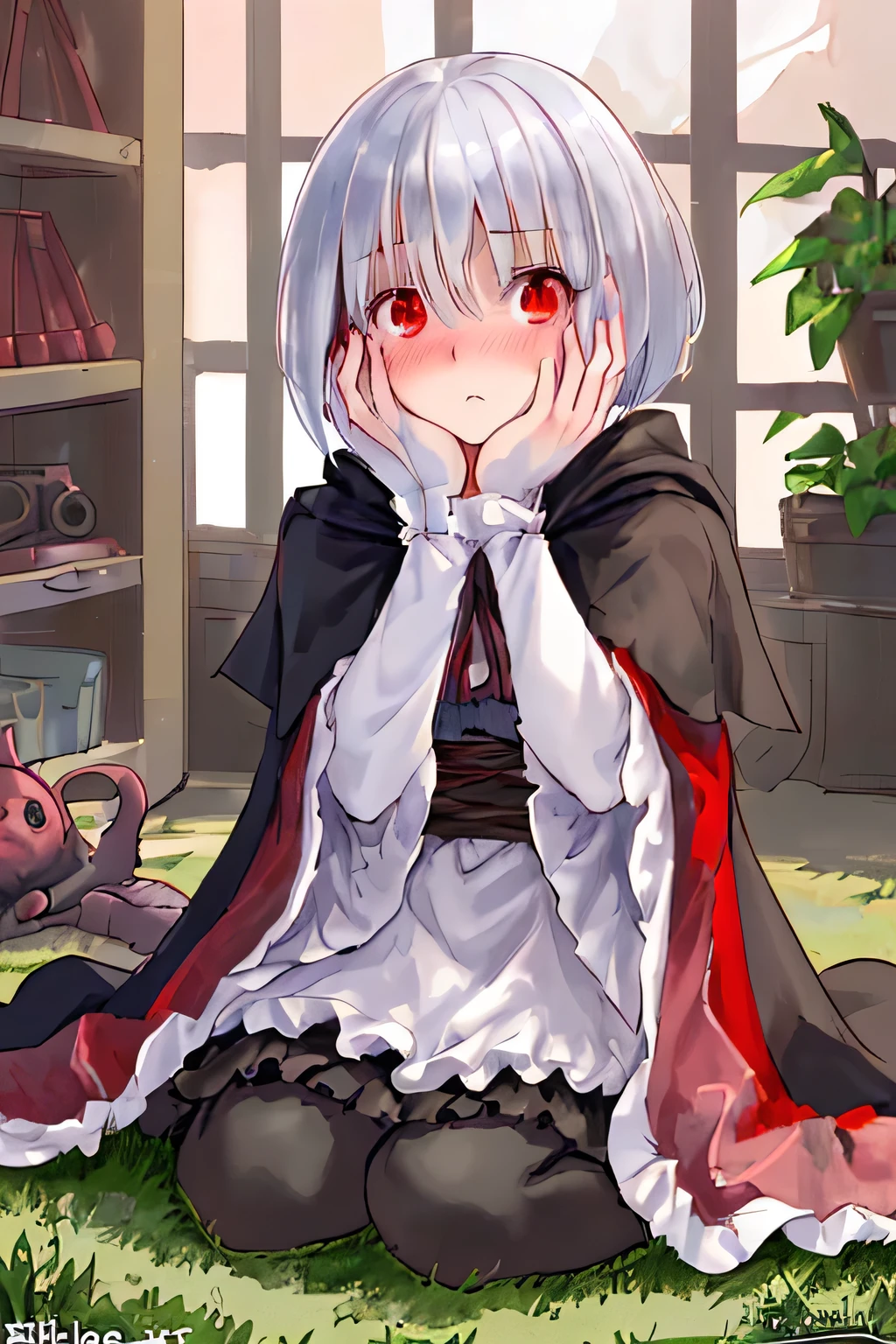 ((Place your hands over your face)), ((surprised)), ((facing forward)), (blush), one girl, goblin, silver hair, red eyes, bob cut, fantasy costume, wizard, frills, robe, long skirt, tights, black cloak, indoors, kneel down, concept art, beautiful anime scene, beautiful anime scenery, masterpiece, highest quality, 4k