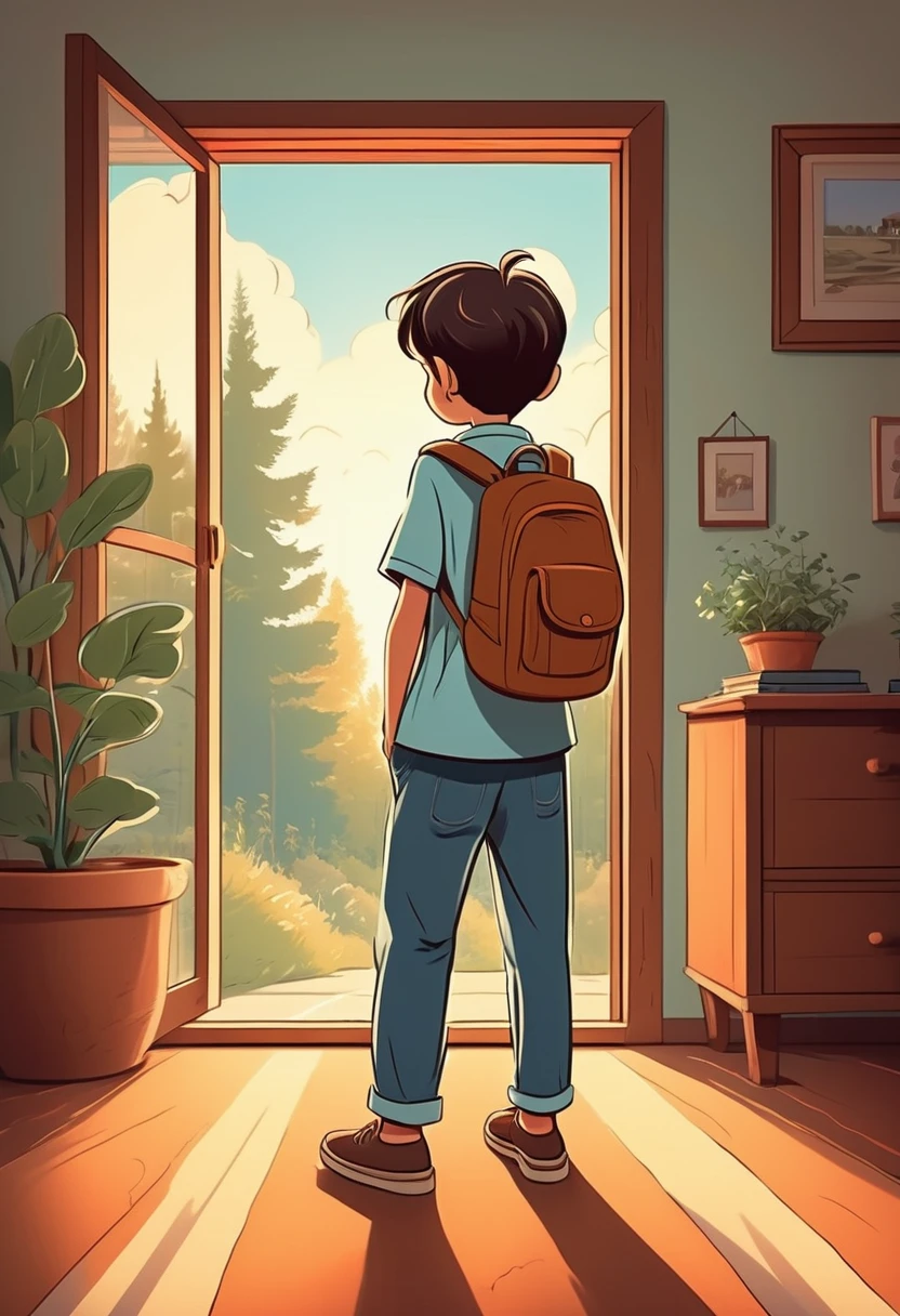 Boy remembering his parents' teachings and feeling a sense of reassurance and comfort as he decides to return home. Cartoon style