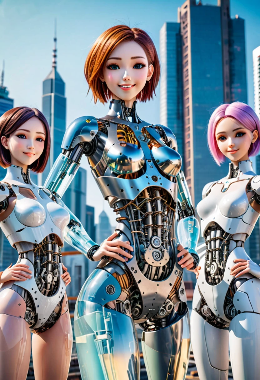 Translucent and mysterious mechanical girls,
 From the neck down, they all have the perfect beautiful human faces.,
 Everyone has a different hairstyle,
 full body shot,
 All are mechanical joint girls,
 All mechanical joint girls have different colors from the neck down,
 Everyone is standing and showing off their bodies,
 Everyone smiling,
 Group Selfie,
 wide angle,
 futuristic city background