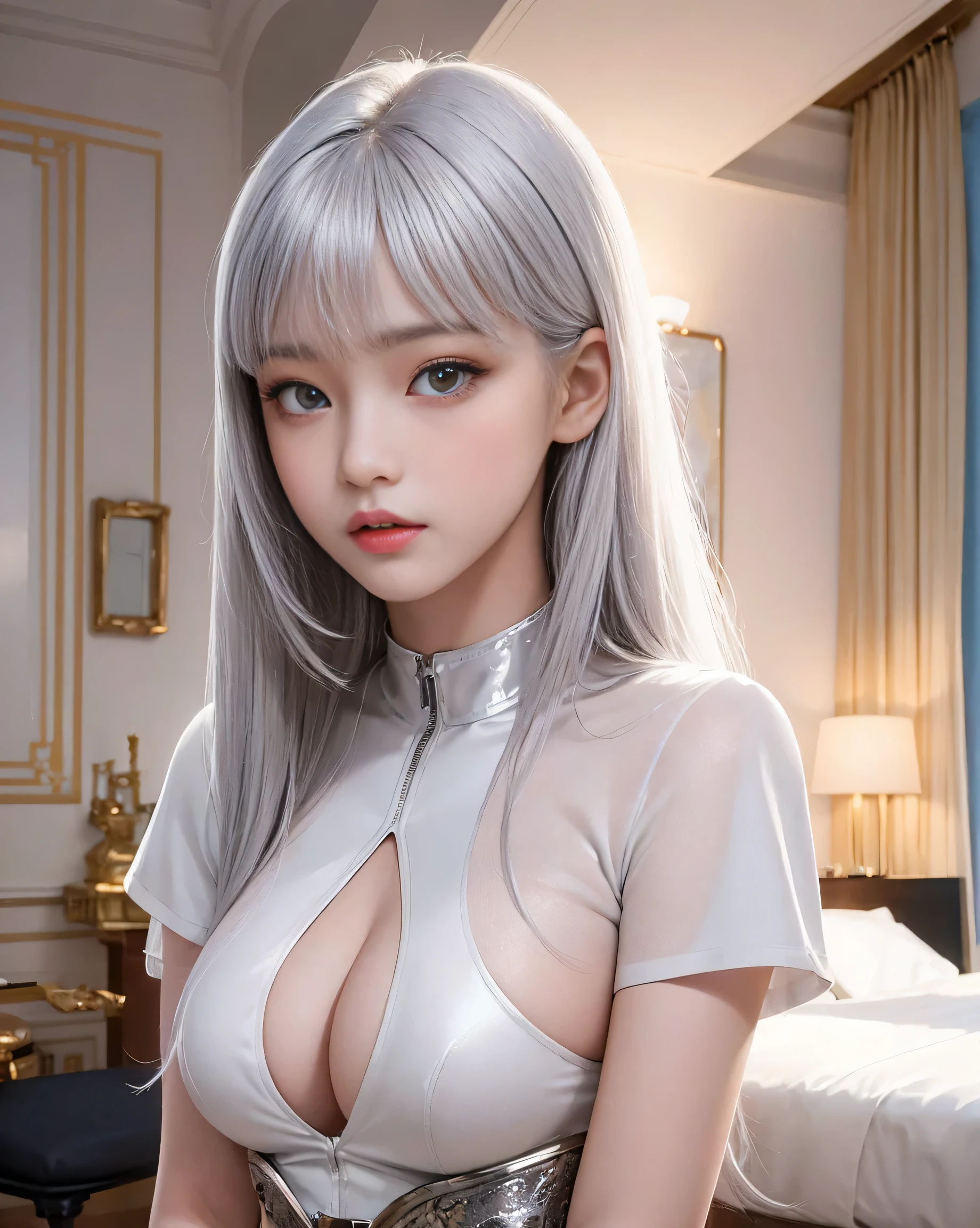 ((highest quality)), ((masterpiece)), perfect face, big breasts,glare backlight, professional studio lighting,silver hair,thin waist,revealing clothing,Bedroom, thin waist,1 boy, penis,