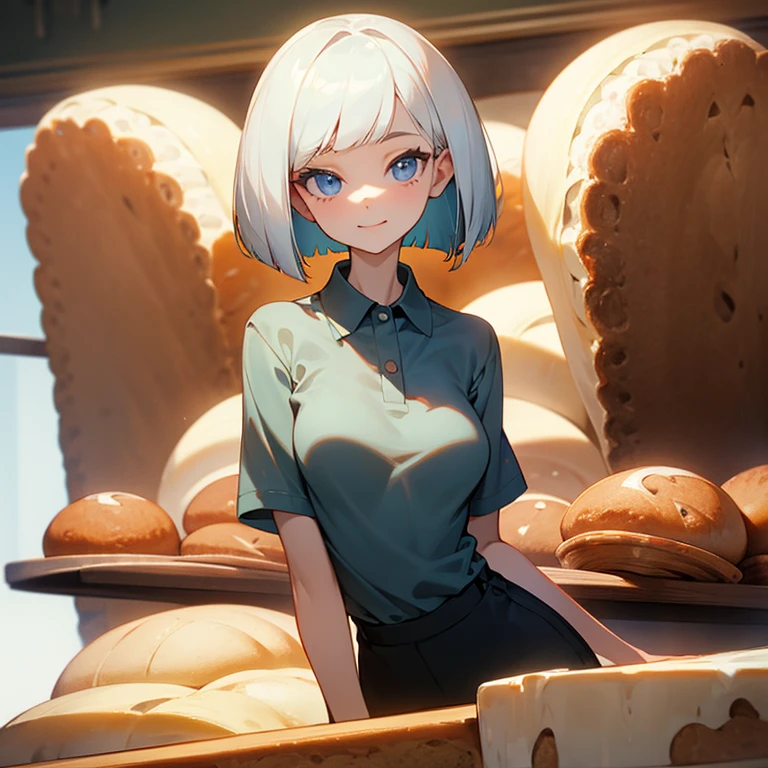 insanely detailed, half body shot, happy, beautiful girl, perfect small face, big breasts, slender, bob cut, polo shirt, bakery, 16K