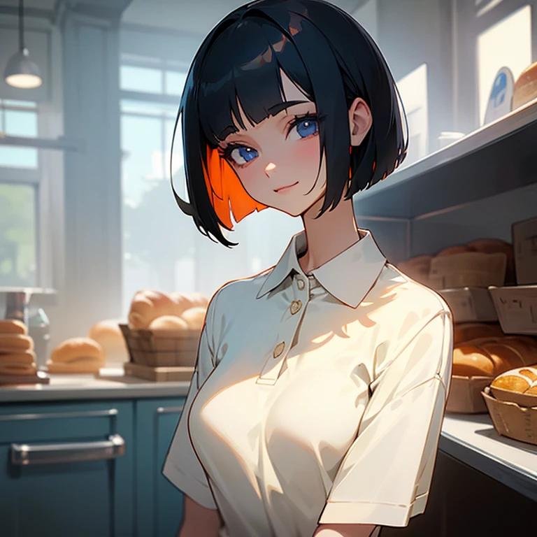 insanely detailed, half body shot, happy, beautiful girl, perfect small face, big breasts, slender, bob cut, polo shirt, bakery, 16K