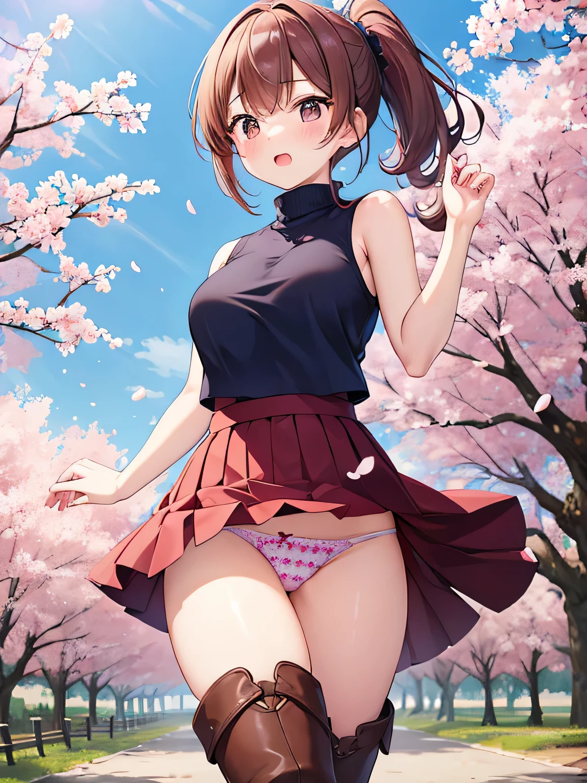 (masterpiece、highest quality、High resolution、realistic pictures、real looking skin:1.1)、
(A woman is standing or walking in a park lined with cherry blossom trees:1.5)、
(A skirt that flips up in the wind:1.8)、
(the hand holding that skirt:1.8)、
(fully exposed panties:1.8)、
(She is surprised and blushes with embarrassment when her skirt flips up.:1.5)、
(She is wearing a wine red sleeveless turtleneck:1.8)、
(She is wearing a navy flare mini skirt.:1.8)、
(I&#39;m wearing brown middle boots:1.8)、
(Panties have flashy colors and patterns:1.5)、
(brown middle ponytail:1.5)、
(The location is a park lined with cherry blossom trees where the wind blows.:1.5)、
1 Japanese girl、solo、full body esbian、beautiful eyes、shining eyes、Shining thighs、NSFW