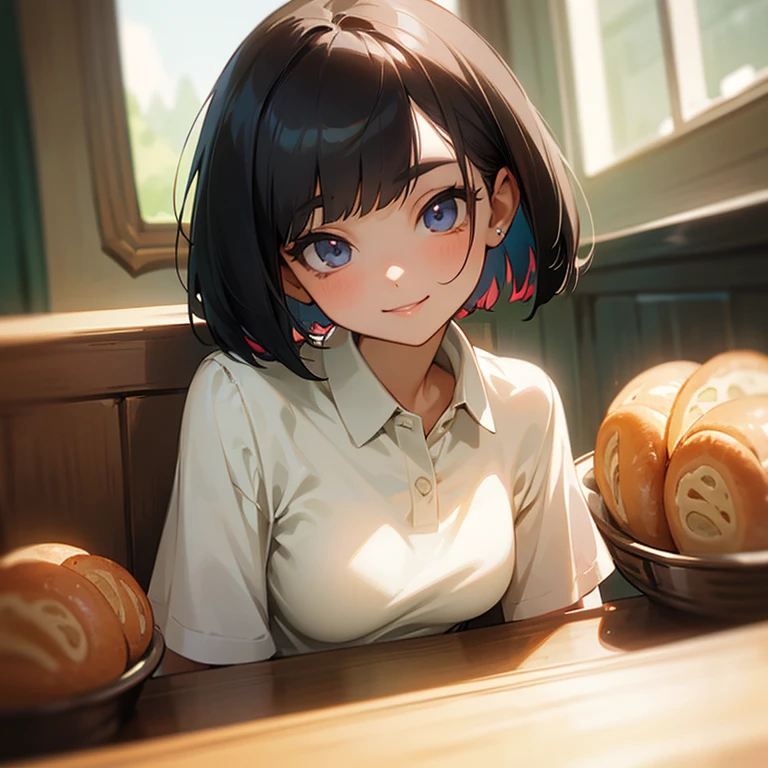 insanely detailed, looking up at the camera, happy, beautiful girl, perfect small face, big breasts, slender, black hair, short pants, bakery, 16K