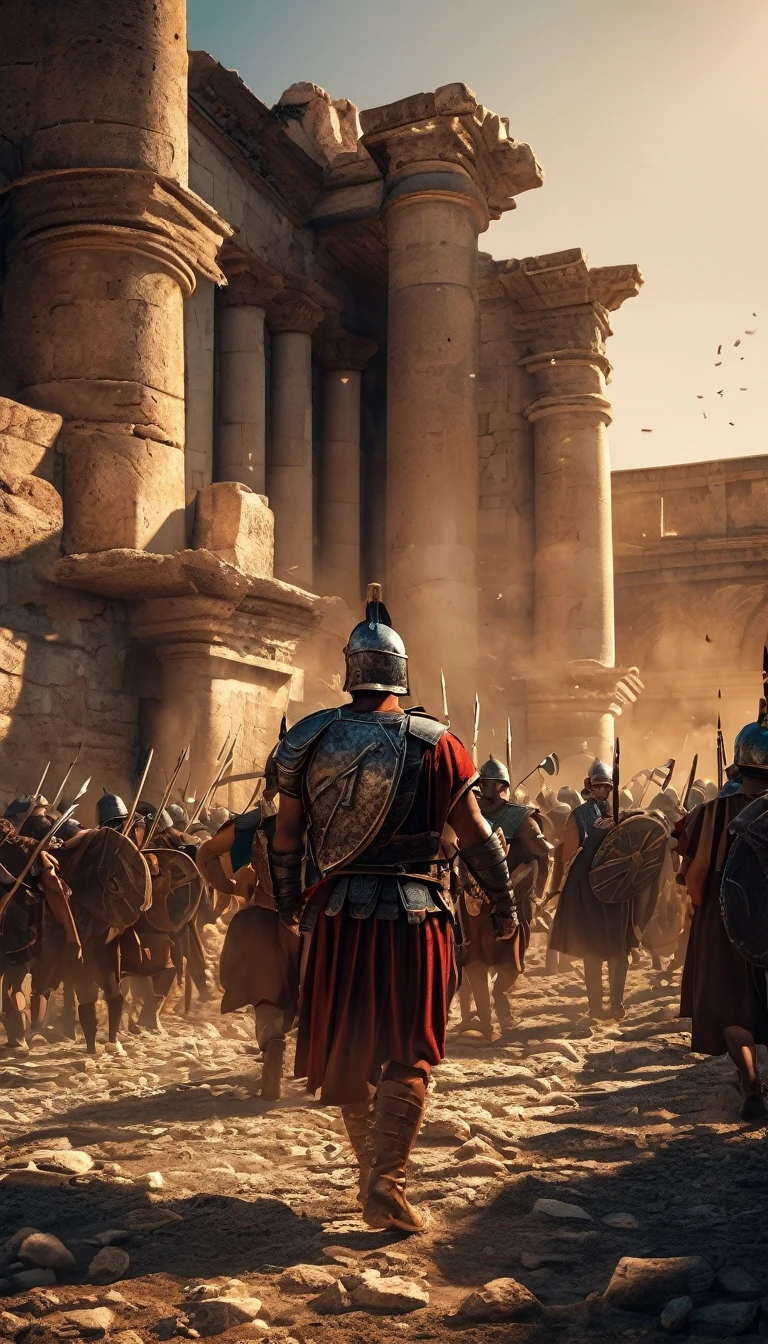 A hauntingly realistic and detailed scene of huns armies clashing with ancient Roman soldiers. Ruins of magnificent infrastructure lie in the background as the savage armies seize and clash over precious lands, (best quality, ultra-detailed, realistic: 1.37), evening sunlight, dramatic shadows, courageous poses, historical accuracy, war art, intense lighting, epic realistic, Soft cinematic portrait, adobe lightroom, photographic lab, altamente detalhado, desbotado, (cores neutras: 1,2), (hdr: 1,4) , (cores suaves:1.2), hiperdetalhado, cinemactic, luzes quentes, dramatic light, (detalhes intrincados:1.1), fundo complexo, (rutkowski:0.66), (azul e laranja:0.4), 8K