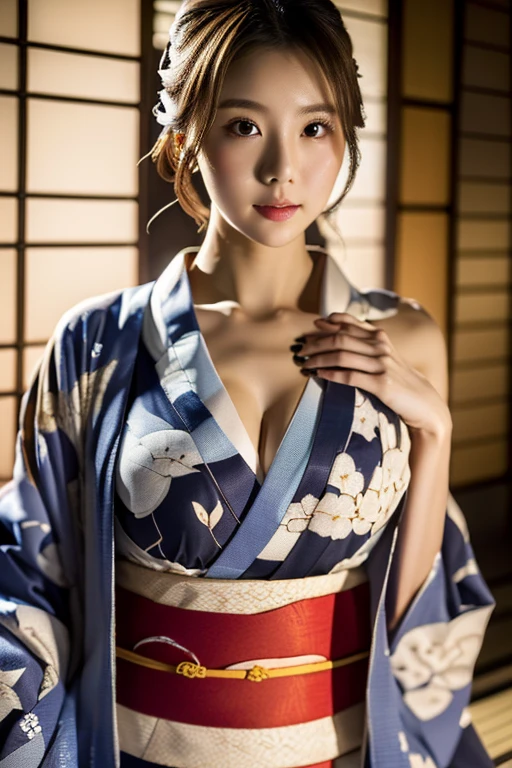 (8k, RAW photo, best quality, perfect anatomy, masterpiece:1.2), (realistic, photo-realistic:1.4), (extremely detailed 8k wallpaper), sharp focus, professional lighting, depth of field, cinematic lighting, 25 years old Beautiful and cute japanese actress, (wearing a traditional Japanese kimono of Tomesode), (The upper body of the kimono is plain, The lower half of the kimono has intricate patterns: 1.5)